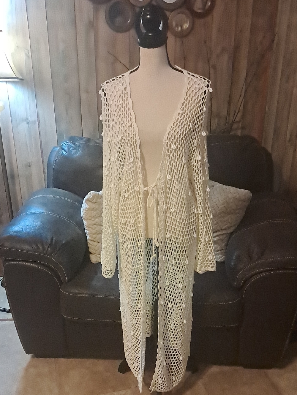 POL Crochet Cream Open Front Summer Beach Resort Vacation Cover up Shells